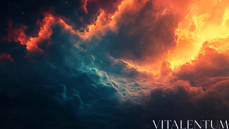 Fiery cosmic nebula surging through deep teal void.