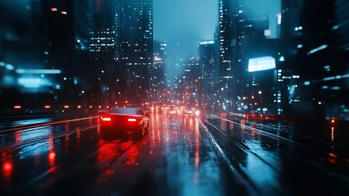 Nighttime urban traffic on wet city street in heavy rain.