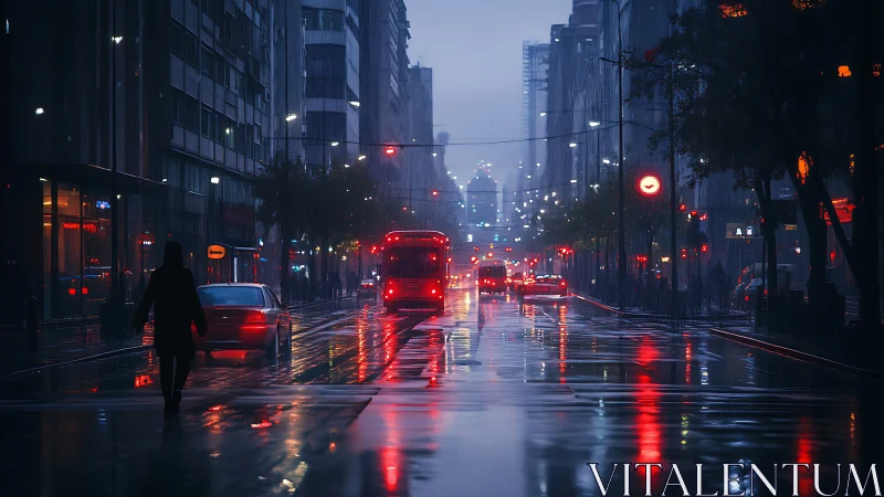 Rain-soaked city avenue with red buses and neon glow.