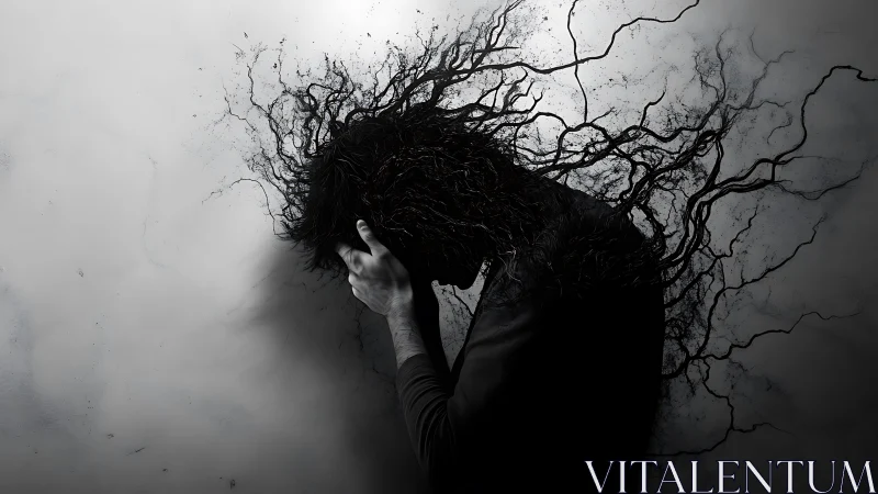 Silhouetted figure with branching dark forms emerging outward.