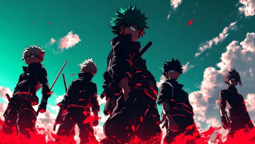 Determined anime heroes standing strong in a glowing sky scene.