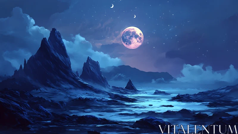 Lunar-illuminated alien coastline with jagged basalt spires