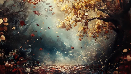 Autumn forest path with swirling leaves and diffused light.
