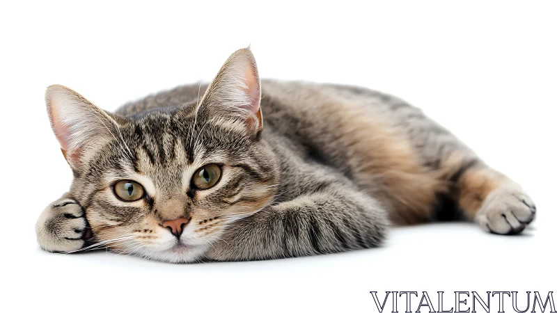Tabby Cat Resting on White Surface with Alert Expression