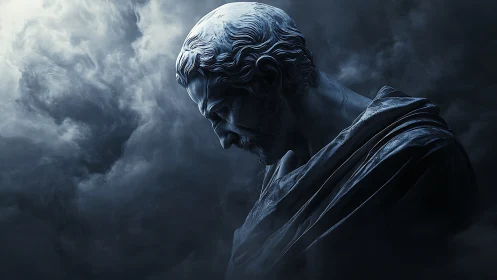 Marble philosopher statue in moody blue cinematic fog.