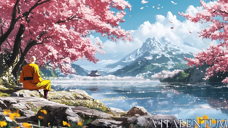 Quiet monk enjoys cherry blossoms by a shining mountain lake