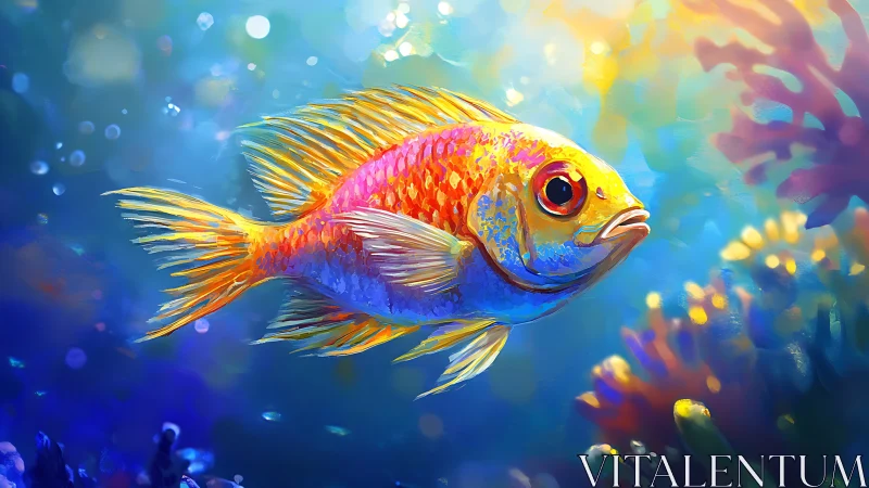 Colorful tropical fish glides through dreamy coral reef seascape.