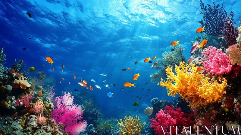 Photorealistic coral reef panorama with dynamic color fields.