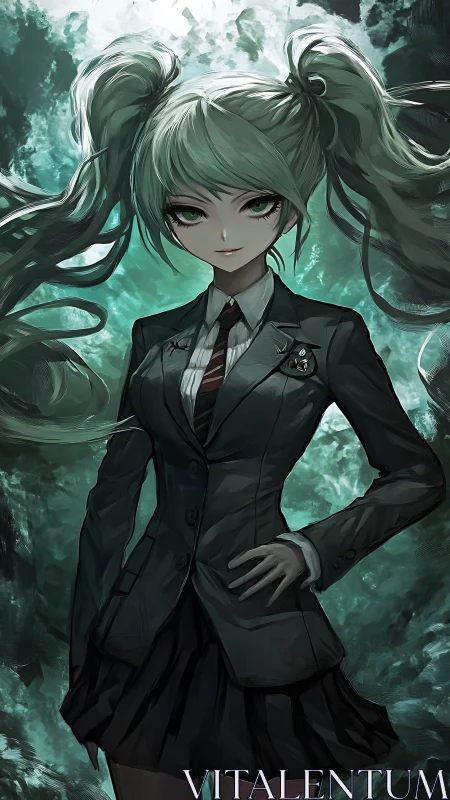Pigtail anime schoolgirl in dark blazer against teal vortex