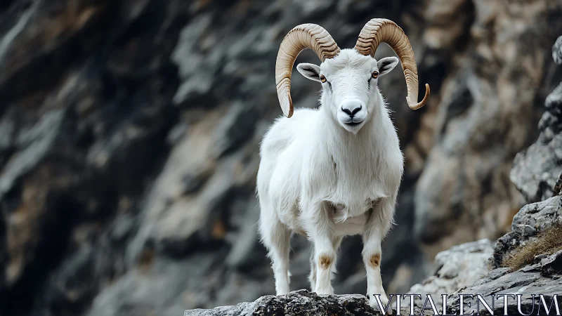 Mountain goat with curved horns on rocky cliff ledge.