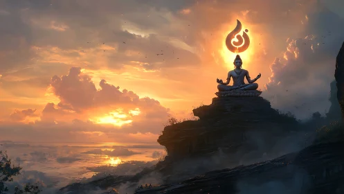 Sunset serenity with meditating figure on misty cliffs.