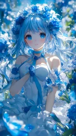 Gentle blue haired flower maiden smiles in a dreamy garden