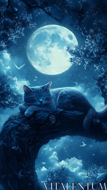 Cat Contemplates Moonlight from Ancient Branch.