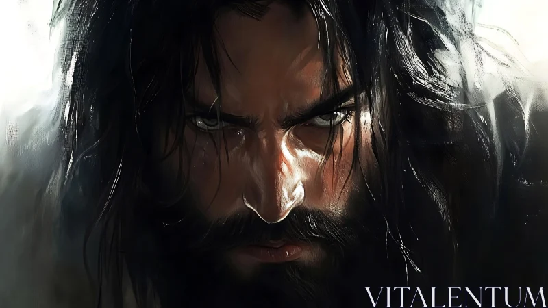 Storm-lit warrior glares forward, carved from shadow and fire