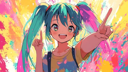 Colorful anime girl with twin tails against paint splashes.
