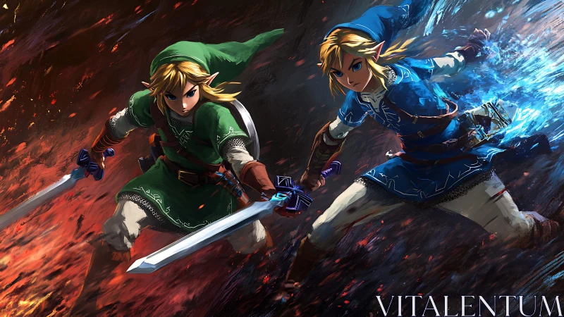 Dual sword warriors clash across fire and ice battlefield