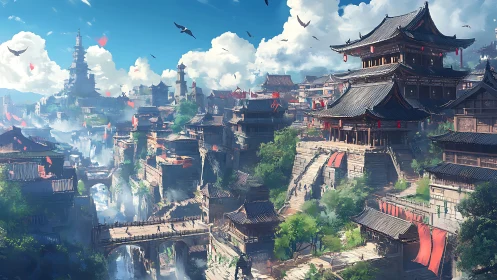 Elevated riverside city with tiered wooden temple complexes.