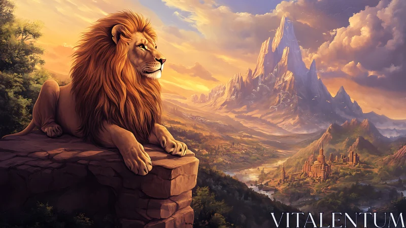 Regal lion overlooking luminous fantasy kingdom valley.