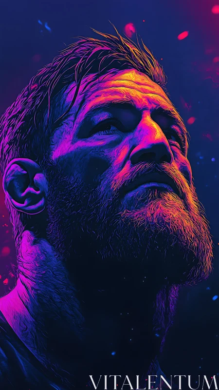 Neon warrior portrait under deep magenta blue lighting.