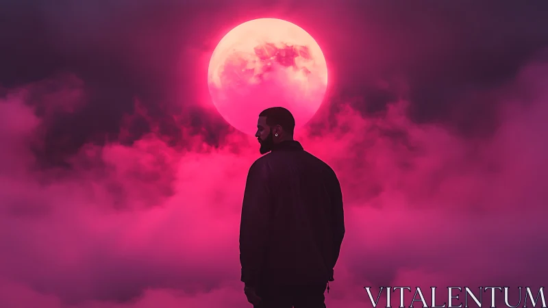 Lone dreamer wandering beneath a neon crimson supermoon.