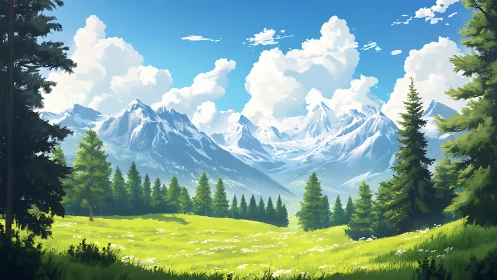 Sunlit alpine meadow dreaming beneath cloud-tossed peaks.