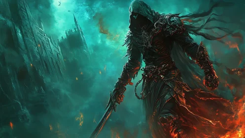 Hooded death knight strides through flames beneath a cursed sky