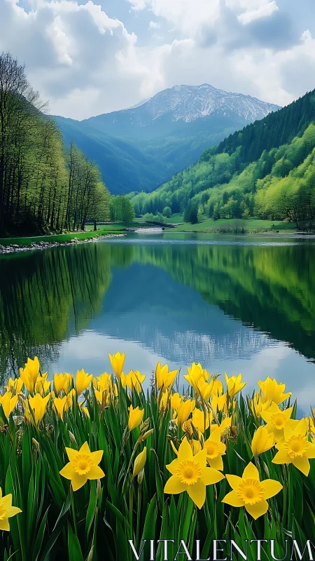 Yellow daffodils frame reflective alpine lake and peaks.