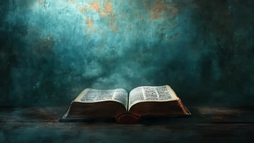 Ancient illuminated book resting under moody teal glow.