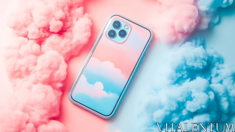 Dreamy pastel smartphone floats between candy clouds