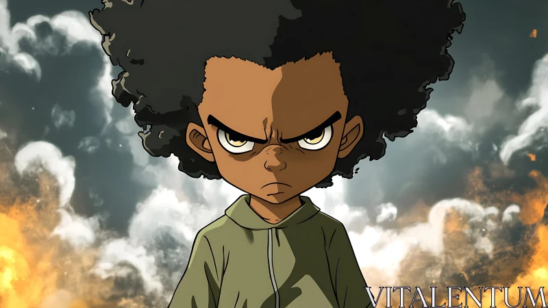 Defiant cartoon boy stands before stormy explosive sky