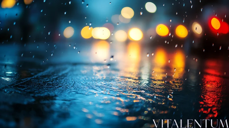 Urban street surface reflects defocused traffic lights in rain
