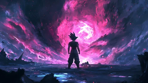 Cosmic warrior weighs his power against a raging violet storm