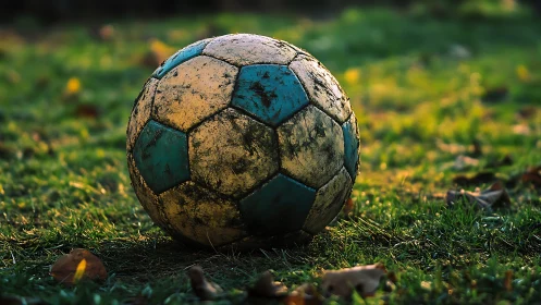 Weathered blue soccer ball on dewy grass in sunset light.