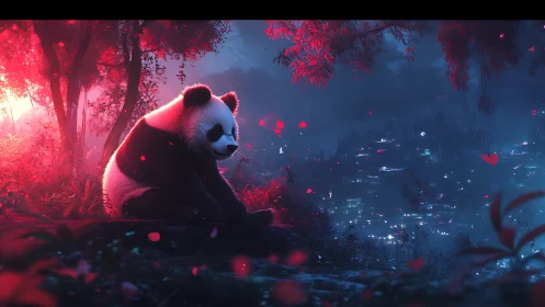 Panda sits in neon forest overlooking glowing valley at night.