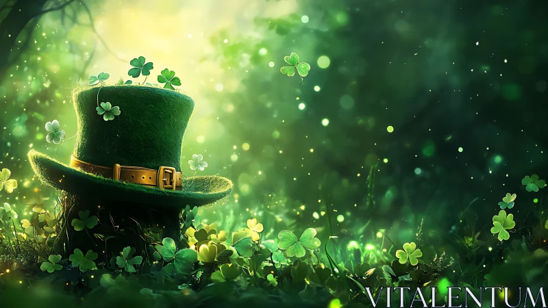 Green top hat with shamrocks in soft forest light.