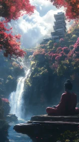 Peaceful monk resting by a misty waterfall and hidden temple.