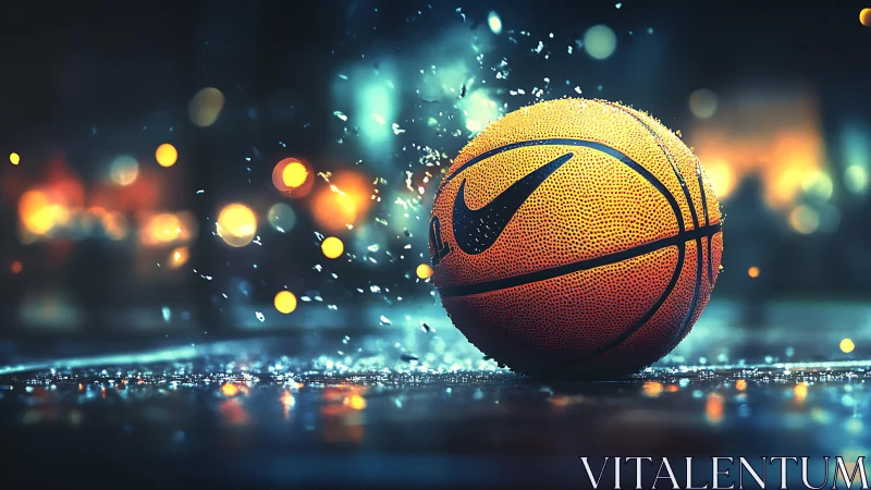 Basketball on wet court surface with blurred urban lights.