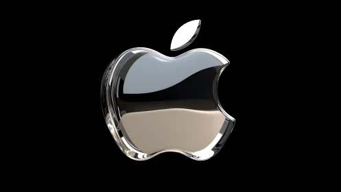 Shiny Metallic Apple Logo on Black Background, 3D Rendered Style.