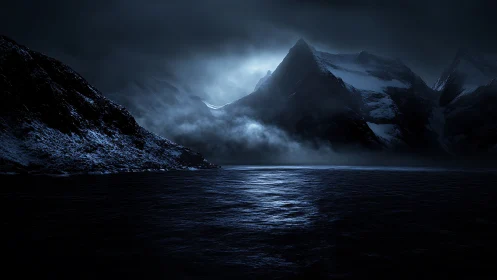 Snow covered mountains and dark water are lit by distant light