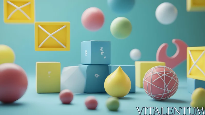 Pastel 3D geometric toys float over teal studio backdrop.