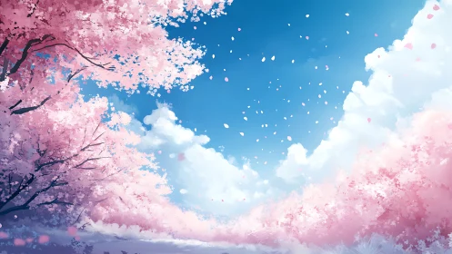 Blossoming cherry trees drift petals into a tranquil spring sky
