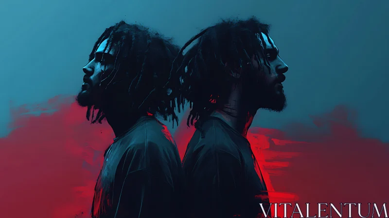 Twin shadows lean back-to-back in electric red-blue haze