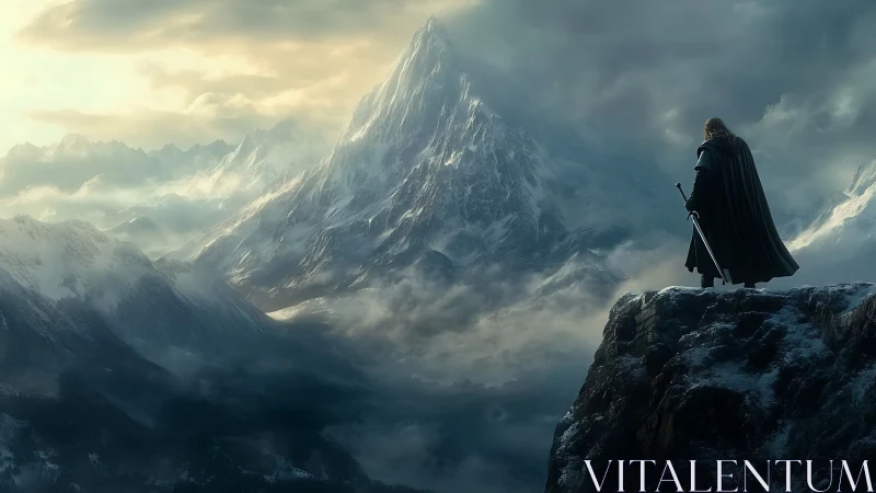 Lone warrior surveys a stormlit mountain realm before quest