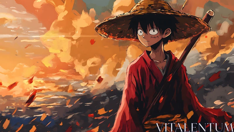 Straw-hatted wanderer watching a storm-bright sunset sky.