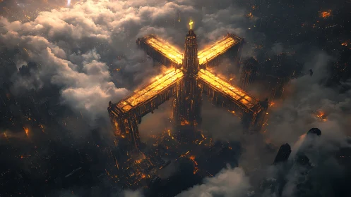 Golden cross-shaped sky tower glowing above stormy city.