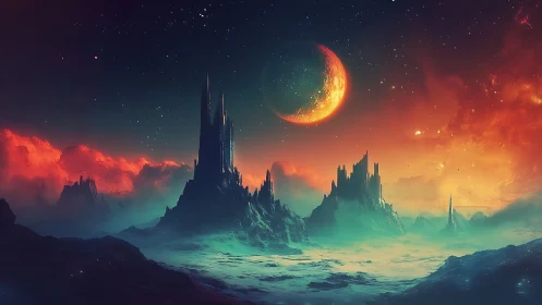 Luminous alien citadels beneath crescent planet sky.