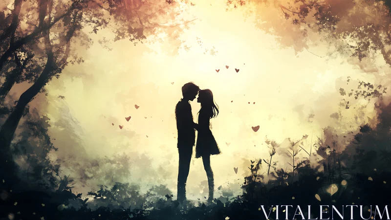 Silhouetted couple kissing amid golden forest light