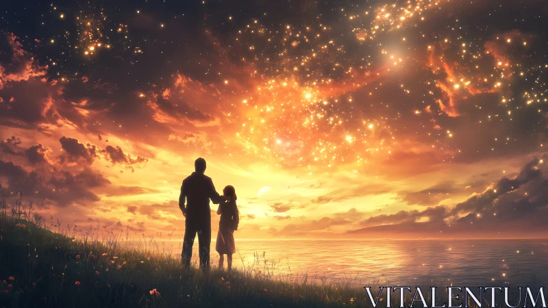 Silhouetted pair under luminescent starfield at sunset horizon.