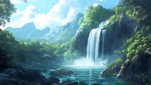 Luminous digital waterfall valley with atmospheric depth staging.