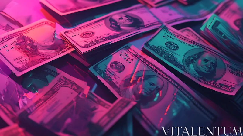 Stacks of US dollar banknotes under pink and blue lighting